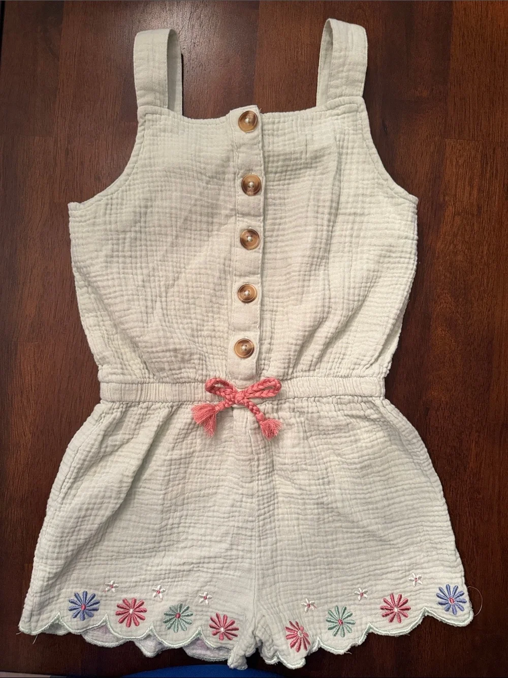 Rachel Zoe Lt Green Romper with Pink Bow and Floral Embroidery
